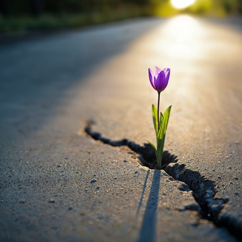 a flower sticking out of a cracked road